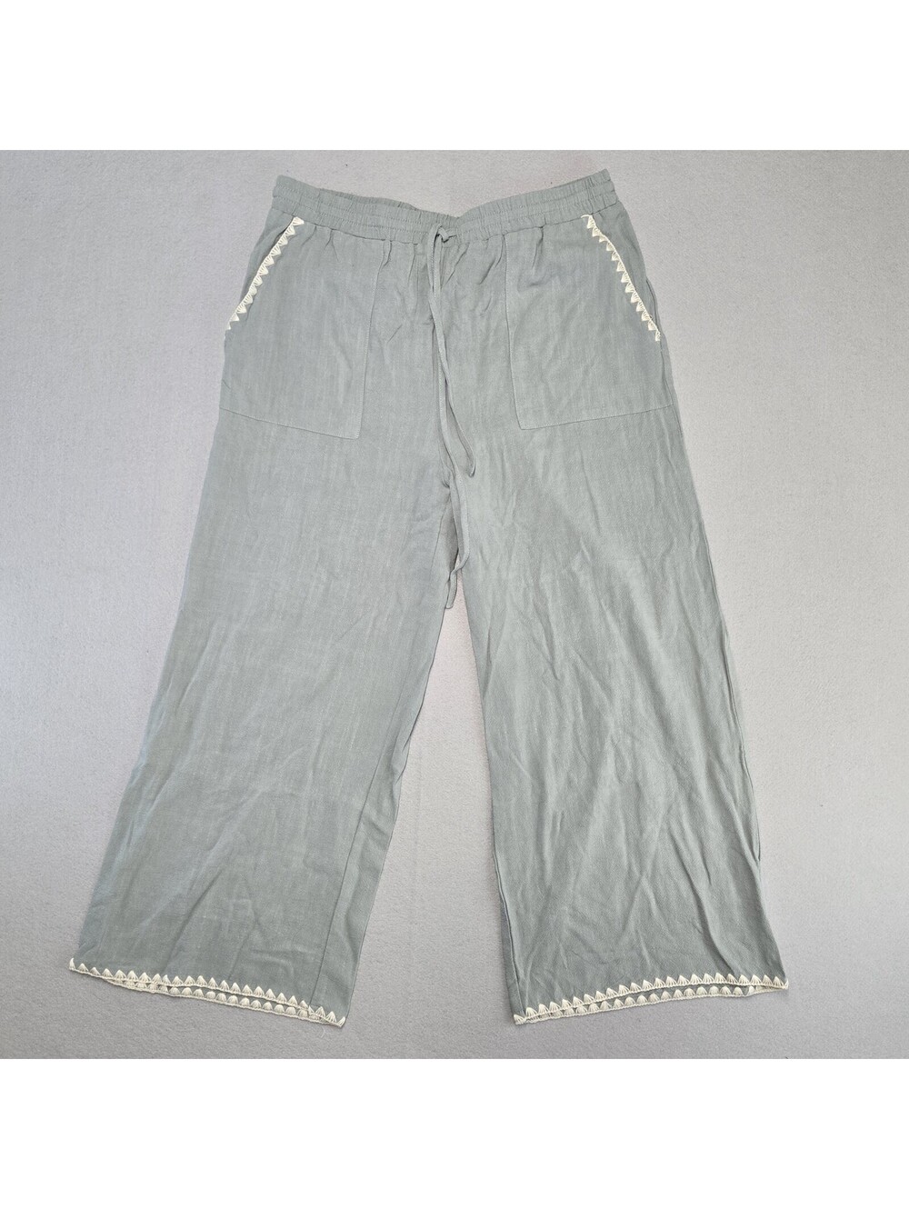 Allie Rose Lace Trim Wide Leg Pant Womens XL Green Linen Viscose NWT AP9618SF